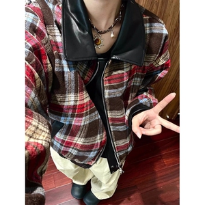 休闲格子双面穿PU皮夹克男秋冬季高街宽松机车服外套 JK8565图片
