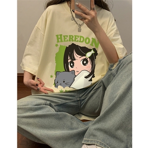 夏新款宽松美潮猫咪女孩可爱印花休闲短袖T恤T6097 P25控38图片