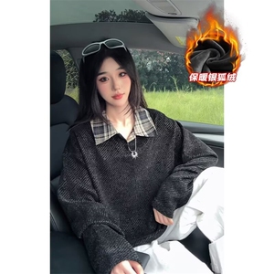 肌理感衬衫领加绒假两件卫衣男2025新款秋冬款套头针织上衣WY3345图片