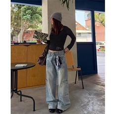 弯刀工装牛仔裤女2025年春夏季新款显瘦大码拖地直筒宽松阔腿裤子，男装牛仔裤，星座506A