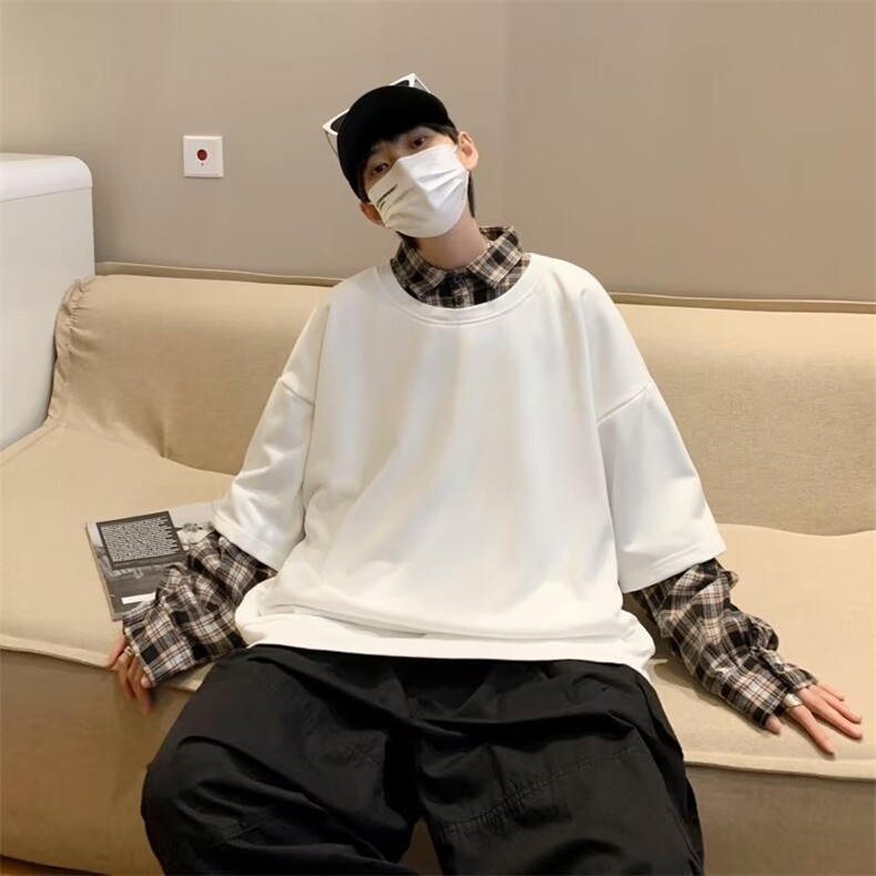 格子拼接假两件长袖卫衣男秋季打底衫炸街百搭休闲上衣WY011-P40,男装卫衣,星座1008-1