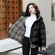 2024冬季新款时尚气质百搭立领保暖舒适格纹连帽短款羽绒服,女装羽绒服,卡杰菲