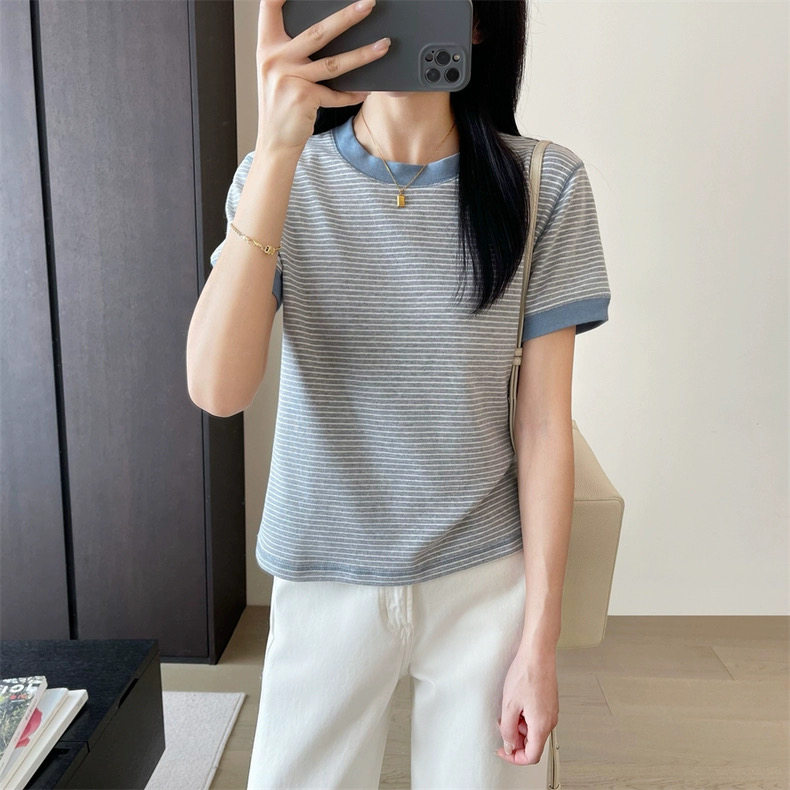 欧货新疆棉撞色小条纹T恤休闲圆领正肩短款上衣,女装T恤,湘姗