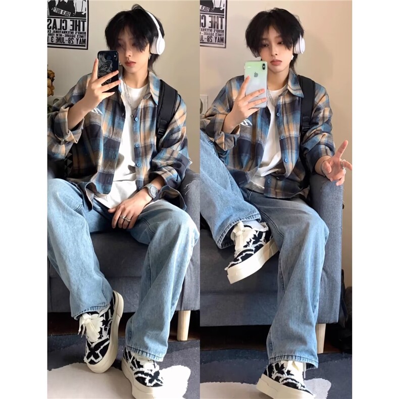 1403-P36美式复古格子衬衫男2025春秋长袖休闲宽松港风潮流情侣,男装T恤,电商B323A