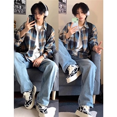 1403-P36美式复古格子衬衫男2025春秋长袖休闲宽松港风潮流情侣，男装T恤，电商B323A