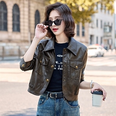 水洗皮衣外套女2025春秋新款复古小个子美拉德修身机车风夹克上衣，女装皮衣，臻衣坊