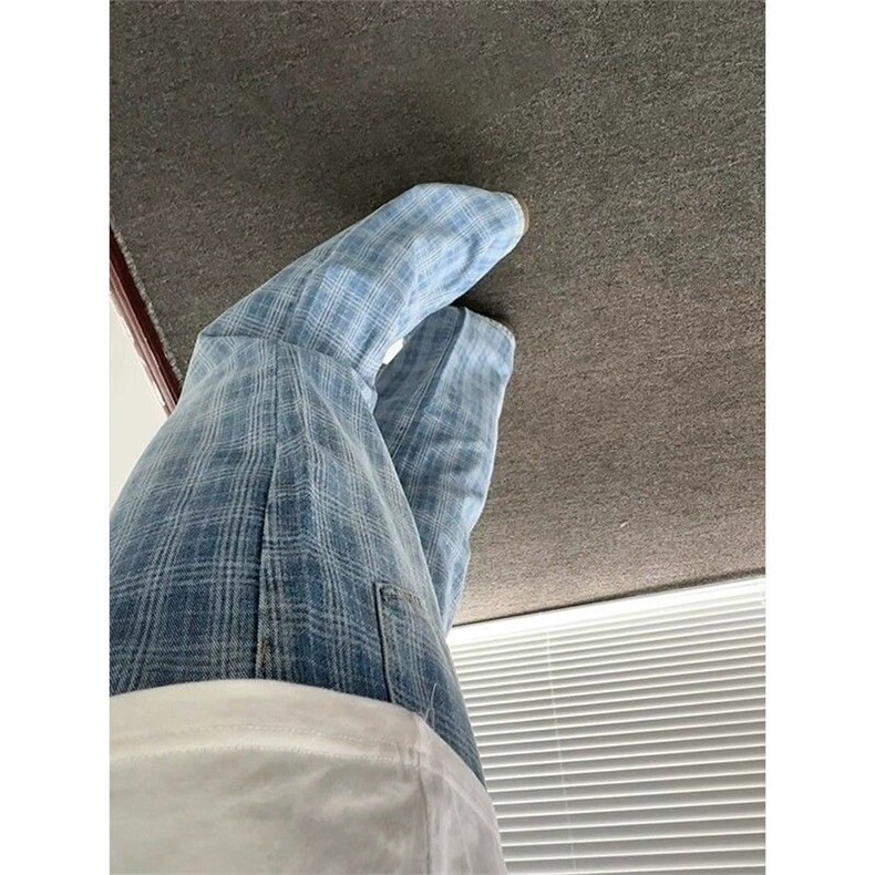 蓝格子半松紧腰微喇牛仔裤NNC433,男装牛仔裤,星座208-5