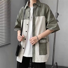 工装衬衫男2024夏季多口袋设计感小众ns日系宽松帅气短袖衬衣潮牌，男装衬衫，星座410-7