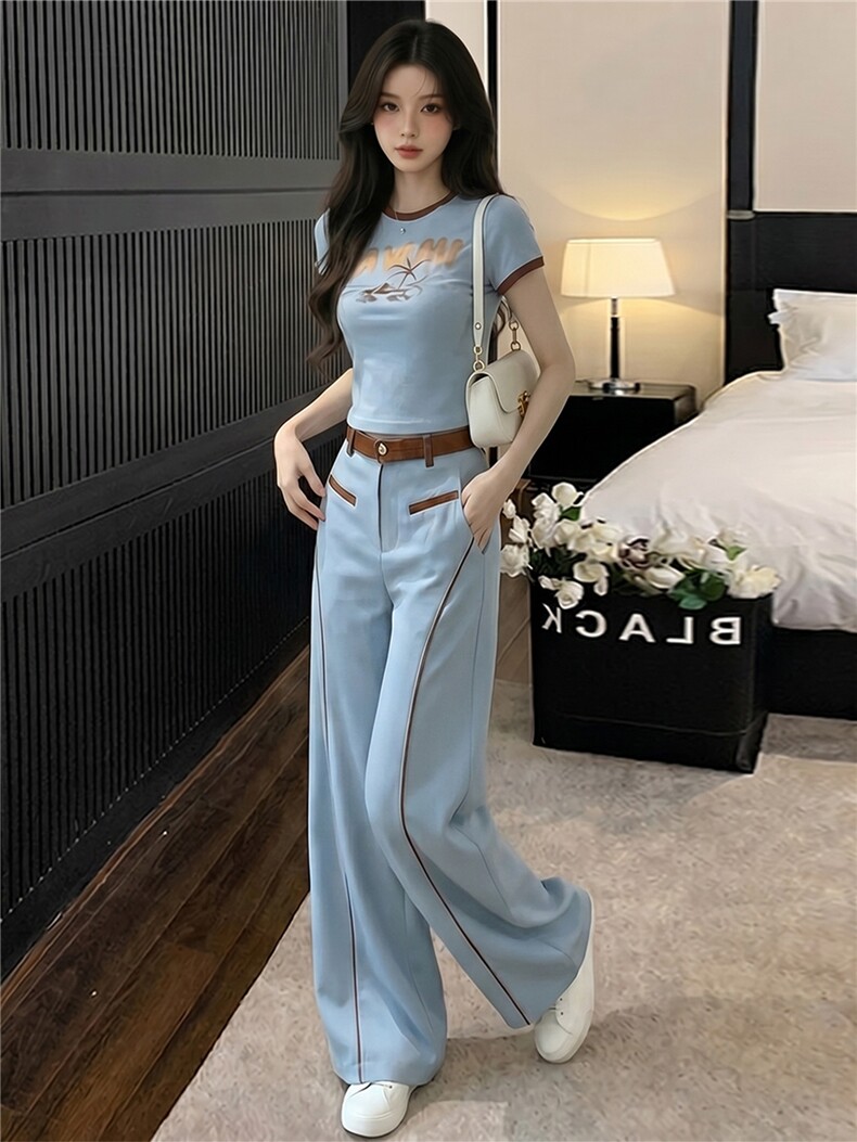 慵懒风休闲时尚套装女夏新款百搭圆领印花短袖上衣阔腿长裤两件套,女装套装/套裙,江南