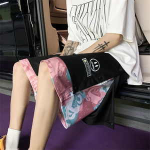 港风大码宽松笑脸刺绣假两件排扣五分裤M-5XL-DK666-P45图片