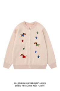 （直播）卡通小狗刺绣宽松条纹开衫毛衣外套 1015-M362-P95图片