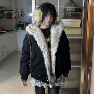 现货高品质美式高街冬季重磅硬挺短款座山雕毛领棉衣男女加厚外套图片