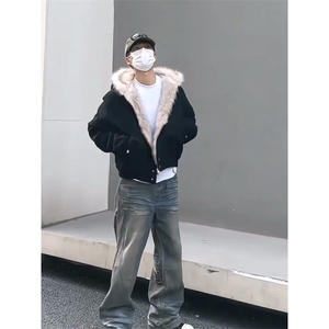 现货高品质美式高街冬季重磅硬挺短款座山雕毛领棉衣男女加厚外套图片