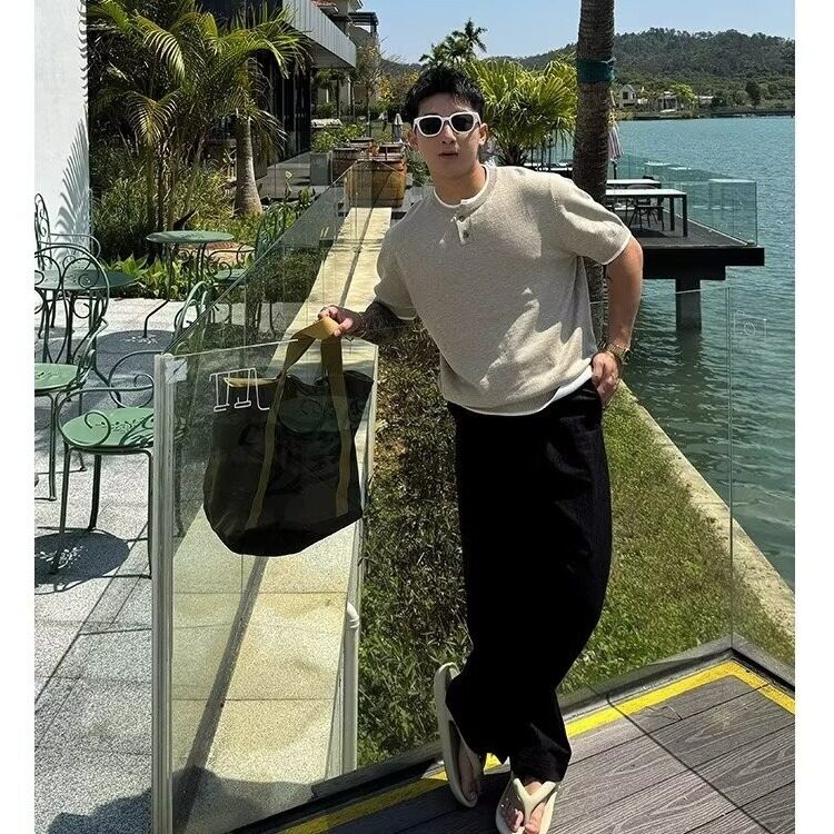 【有货】D509-特P48针织亨利领短袖毛衣假两件拼接男春夏,男装针织衫/毛衣,星座603-2