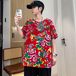 HT203夏男休闲东北大花民族风牡丹花圆领短袖T恤青少年大码男女潮图片