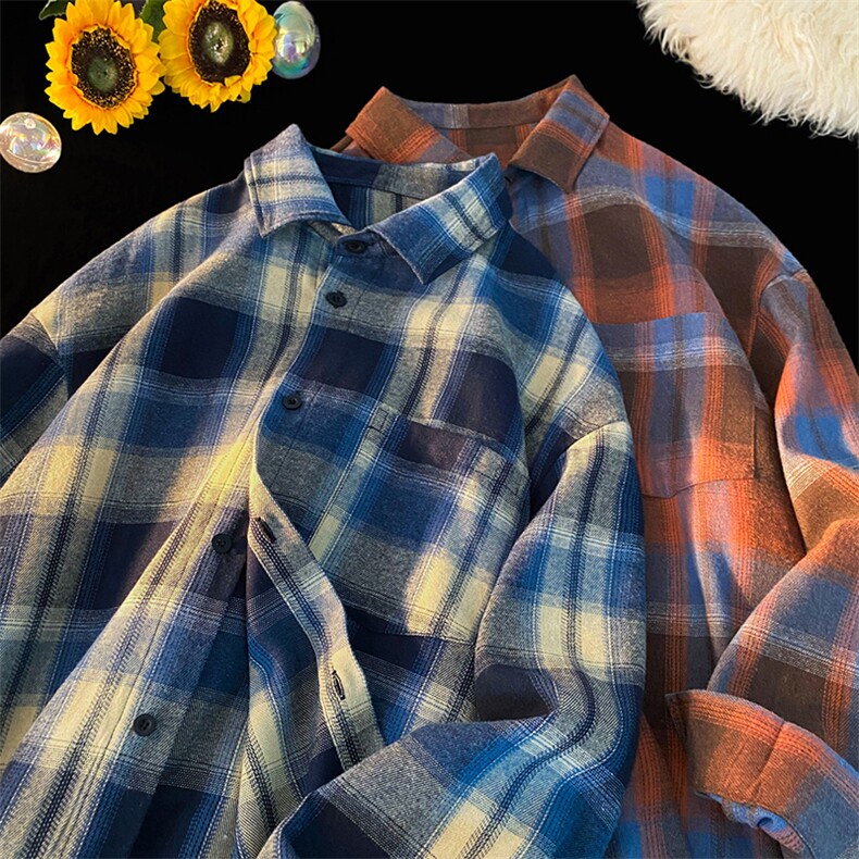 韩版潮流复古格子大码翻领长袖衬衫内搭外套C2192-P30【特价】，男装衬衫，电商A007