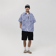 南夏乔装2025夏季新款日系清新翻领短袖衬衫男撞色拼接设计感衬衣，男装T恤，电商S006（B521）