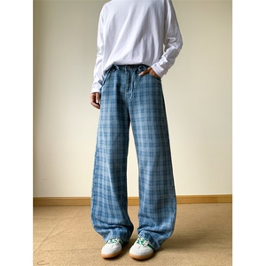 水洗蓝色牛仔裤直筒格子宽松百搭情侣秋冬长裤 XZ212-QNK7036-P39图片