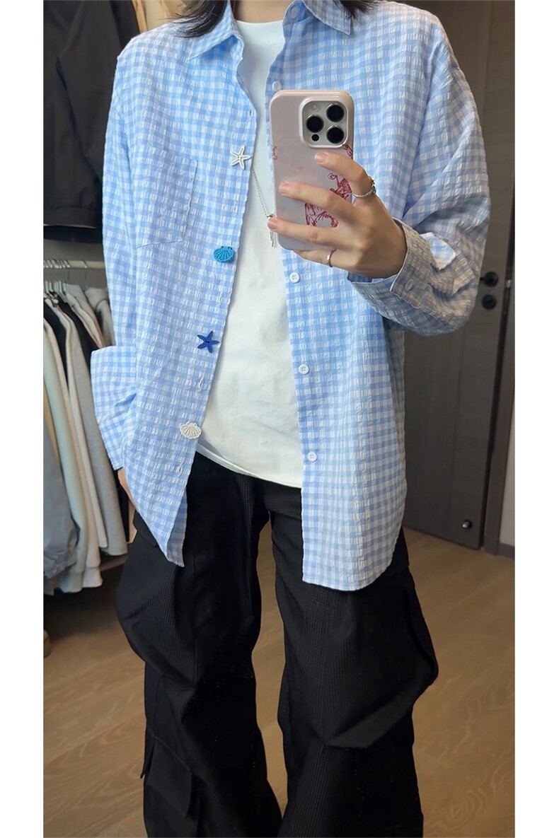 GENIOLAMODE多巴胺泡泡纱格纹长袖衬衫男女秋季宽松情侣休闲衬衣,男装衬衫,电商A102