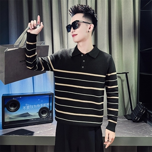 M93017-P68控98  秋冬季POLO领毛衣男潮流条纹时尚POLO领毛针织衫图片