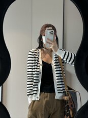 慵懒风2025新款简约时尚条纹毛衣针织开衫，女装针织衫/毛衣，沐策羊绒