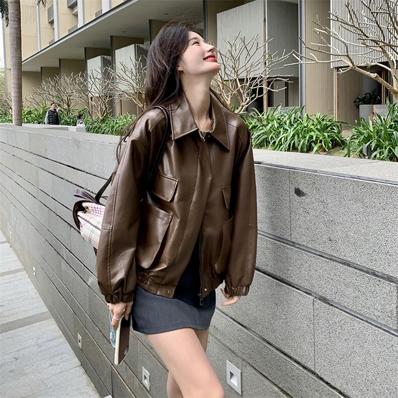 《48H发》翻领美拉德机车宽松皮衣短外套,女装皮衣,辰辰家
