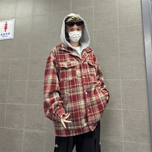 秋冬季新款假两件格子外套日系复古宽松休闲时尚连帽夹克图片