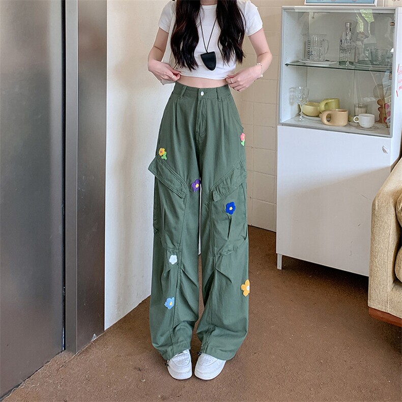 复古花朵刺绣多口袋军绿色工装牛仔裤男女宽松阔腿拖地裤K3935,男装牛仔裤,星座601-1