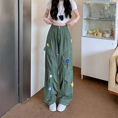 复古花朵刺绣多口袋军绿色工装牛仔裤男女宽松阔腿拖地裤K3935，男装牛仔裤，星座601-1