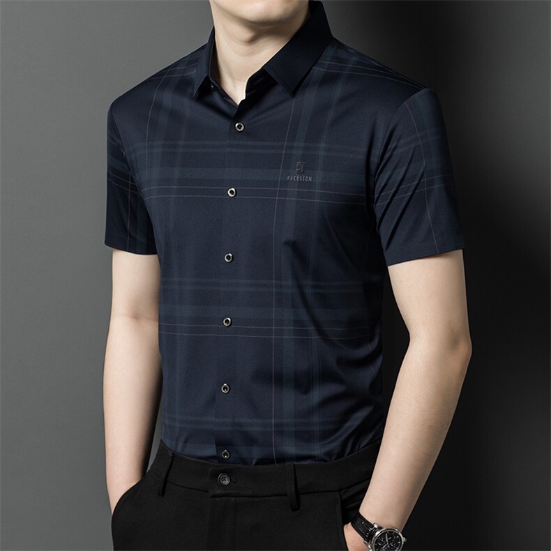 新款男士无痕短袖衬衫男条纹免烫时尚品质商务宽松潮服上衣,男装衬衫,钱塘6003（原4033）