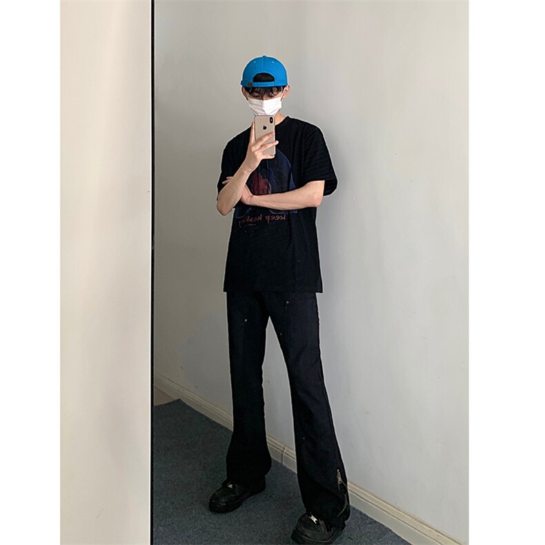 侧边拉链牛仔裤男款春秋季设计感潮牌铆钉伐木工装裤休闲大码裤子，男装牛仔裤，电商B221