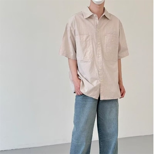 美式工装短袖衬衫男2025夏季新款青少年宽松大口袋翻领POLO衫衬衣图片