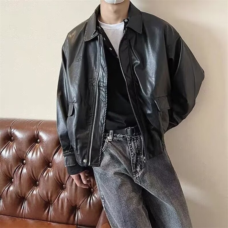 美式休闲纯色秋季高级感皮衣外套男宽松pu皮复古潮流翻领机车夹克,男装夹克,星座506A