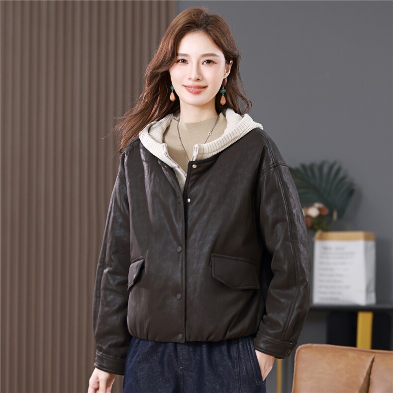 叶笙衣82596高级款针织连帽加棉皮衣，女装棉衣/棉服，叶笙衣