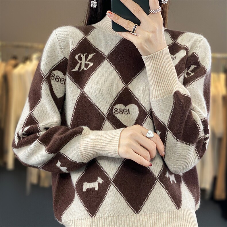 秋冬季新款韩版女装菱格纹羊毛衫女套头宽松外穿加厚保暖打底衫,女装羊毛衫,蒙特羊绒