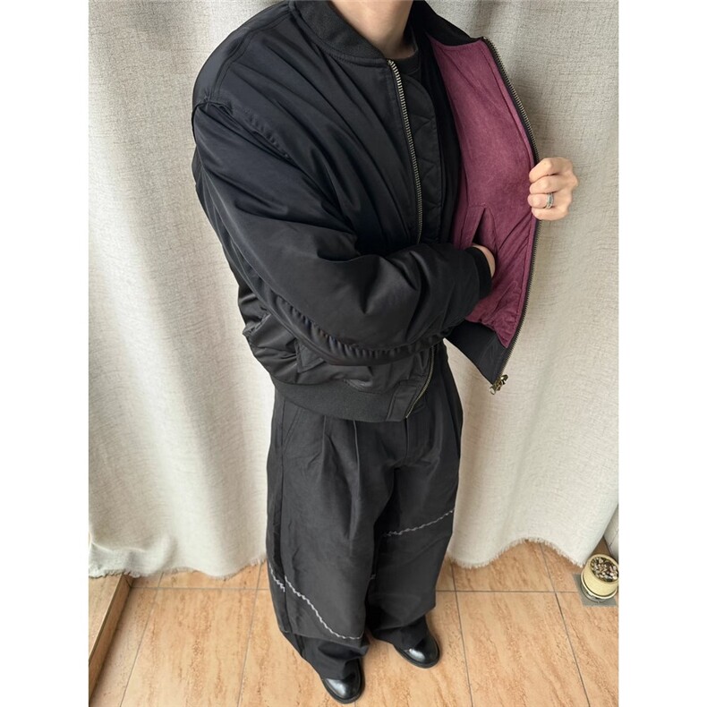 NO7YAN美式复古酒红丝绒王炸bomber夹克棉服双面穿ma1飞行员外套,男装夹克,星座1210-1
