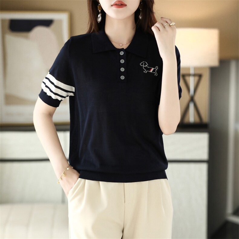 2025春夏新POLO领四粒扣袖口色道短袖女减龄休闲气质百搭亲肤T恤,女装T恤,德尔信羊绒