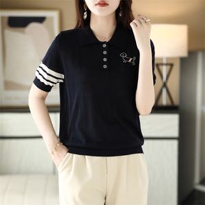 2025春夏新POLO领四粒扣袖口色道短袖女减龄休闲气质百搭亲肤T恤,女人不失气质的穿搭图片