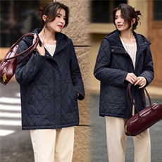 2025年冬季中长款连帽夹棉菱格棉衣棉服外套，女装棉衣/棉服，简韵佳