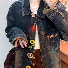 美式复古做旧水洗牛仔外套女秋季2025新款小个子宽松休闲夹克上衣，男装工装外套，星座813-2