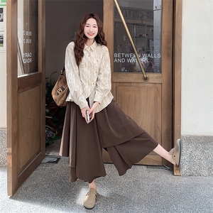 日系文艺扎染衬衫不规则阔腿裙裤套装女2025春秋新款小个子两件套图片