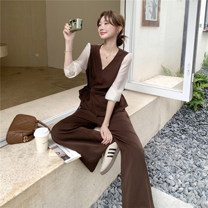 高级通勤风穿搭咖色马甲套装女2025春秋超火好看阔腿裤气质两件套图片