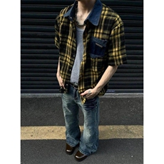 CS29-P45现货男女格子短袖衬衫外套休闲黄色格子衬衣，男装T恤，电商B327