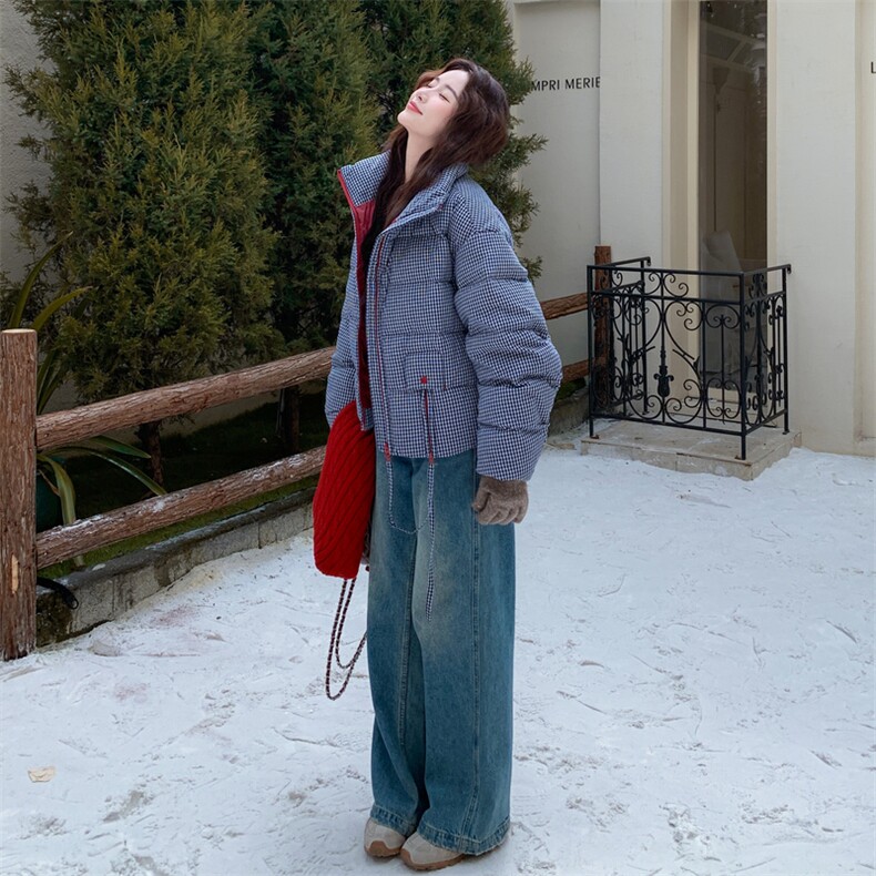 时尚保暖格纹羽绒服女2025年冬季新款韩版白鸭绒显瘦防风立领外套,女装羽绒服,2C086
