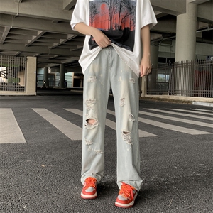破洞牛仔裤男夏季薄款潮牌美式高街复古水洗宽松直筒裤N01063-P43图片
