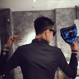 痞帅小伙 手臂刺绣修身显瘦长袖衬衫男CS39C/P50控78特图片