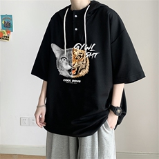 夏季港风冰丝宽松连帽短袖t恤五分体恤上衣TLM2222-P40控58，男装T恤，电商B370