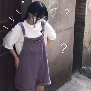 紫色牛仔背带短裤女夏季高腰直筒小个子减龄阔腿五分连体裤ins潮图片