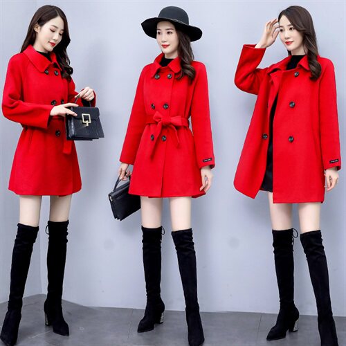 2021新款冬季中长款九分袖通勤简约减龄斗篷型双排扣纯色呢子外套，女装毛呢外套，丽美静依