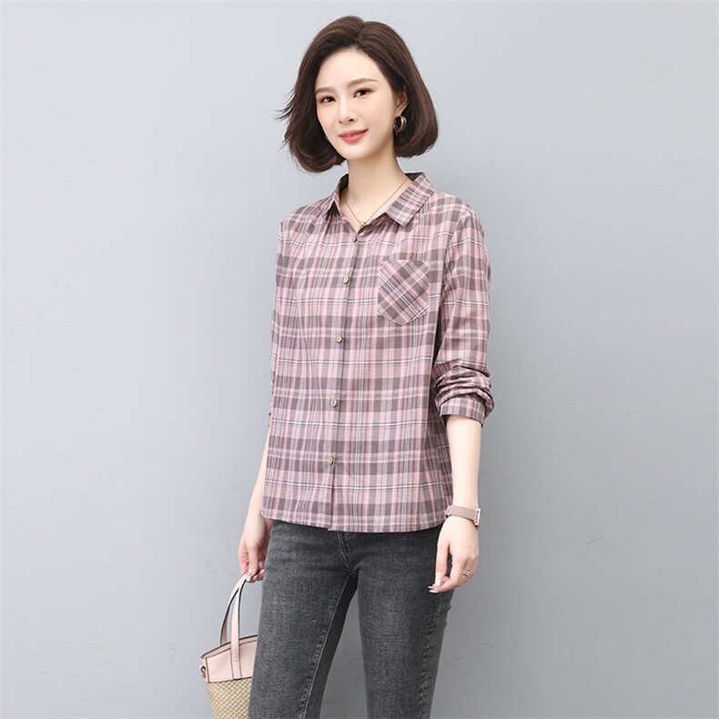 纯棉格子衬衣女款2025新款春秋中老年女士衬衫妈妈长袖上衣,女装衬衫,独衣靓